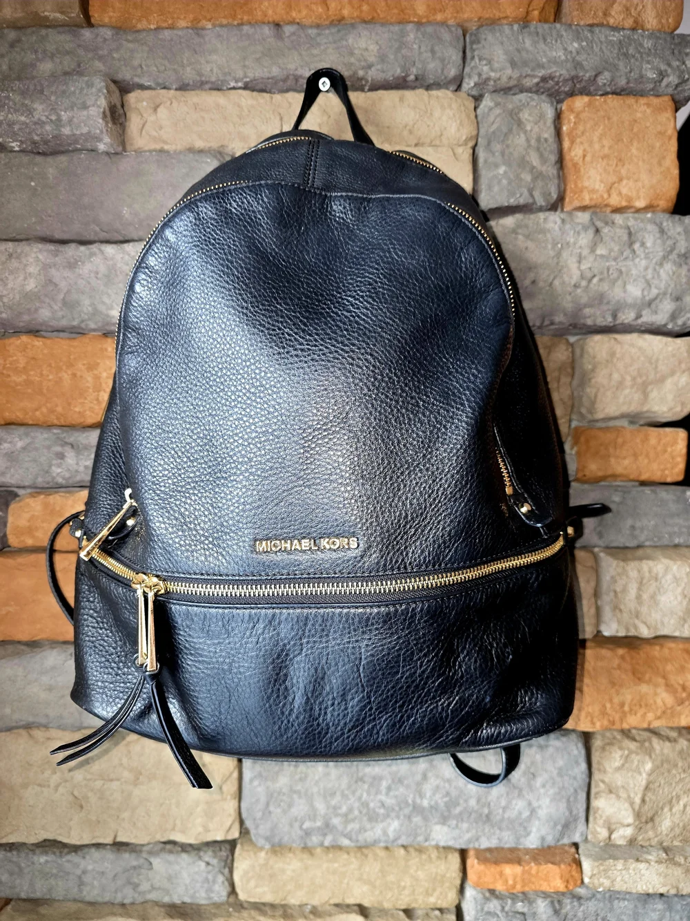 MICHAEL KORS Rhea Black Pebbled Leather Backpack Gold-Tone Accents